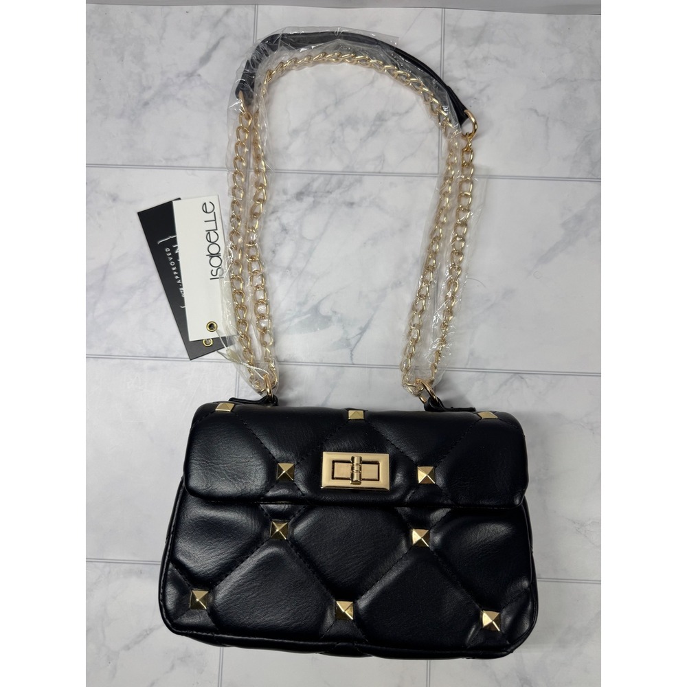 Isabelle Black Quilted Studded Shoulder Bag Gold Chain Strap Turn Lock NWT